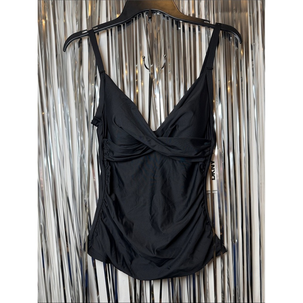 DKNY Womens Black Ruched Twist Front Tankini Top Tummy Control UPF 40+ Small NEW - Picture 2 of 7